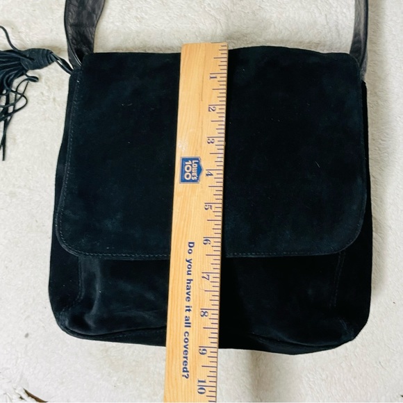 Lord & Taylor vintage boho hippie black leather and suede tassel shoulder bag - Picture 16 of 16